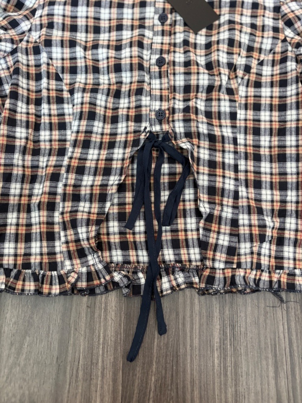NEW LIONESS BARDOT TOP Beige and Tan Plaid Puff Sleeve Button and Tie Detail  XS - Picture 5 of 9